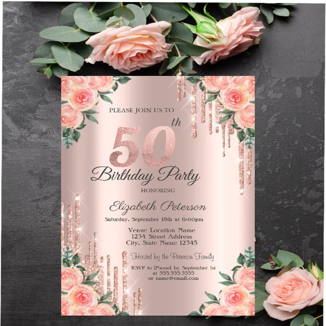Invitation Moderne Fleurs Dégoulinantes de Paillettes Rose Do (Créateur téléchargé)