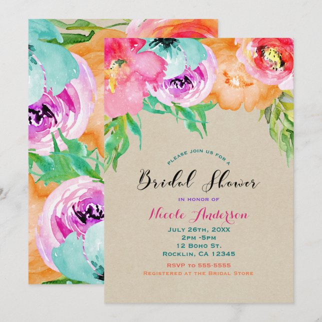 Invitation Moderne Fleurs Marron Clair Kraft Fête de Mariage (Devant / Derrière)