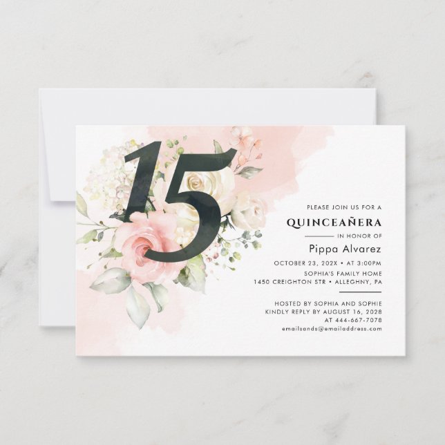 Invitation Moderne Fleurs Roses pour les 15 Ans de Quinceaner (Devant)