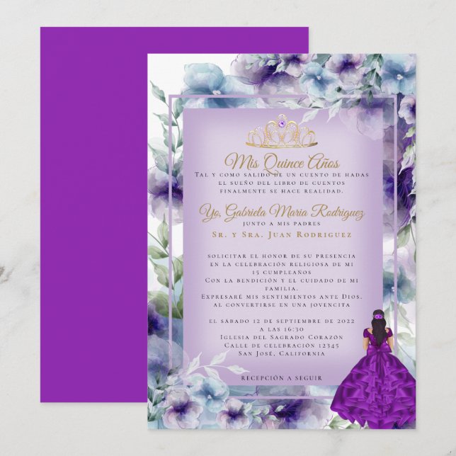 Invitation Moderne Fleurs Violettes Quinceañera  (Devant / Derrière)