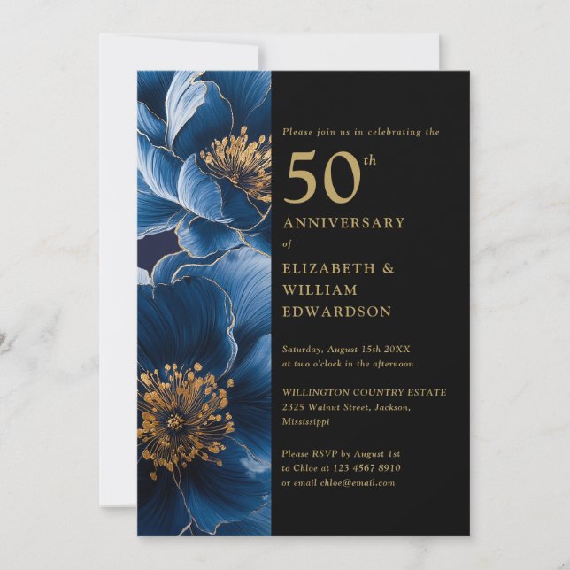 Invitation Moderne Floral Bleu Noir Et Or 50e Anniversaire (Devant)