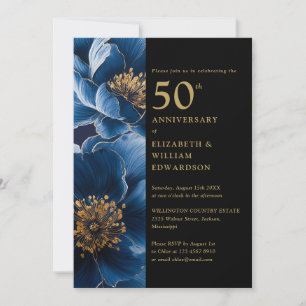 Invitation Moderne Floral Bleu Noir Et Or 50e Anniversaire
