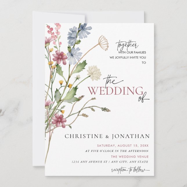 Invitation Moderne Floral Boho | Mariage aux fleurs sauvages  (Devant)