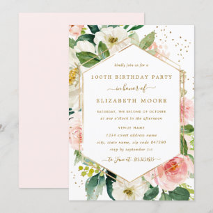 Invitation Moderne Floral Doré Rose 100e Anniversaire