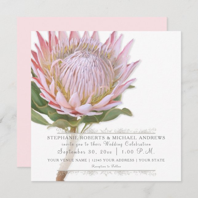 Invitation Moderne Floral Élégant Simple Pink Protea Flower (Devant / Derrière)