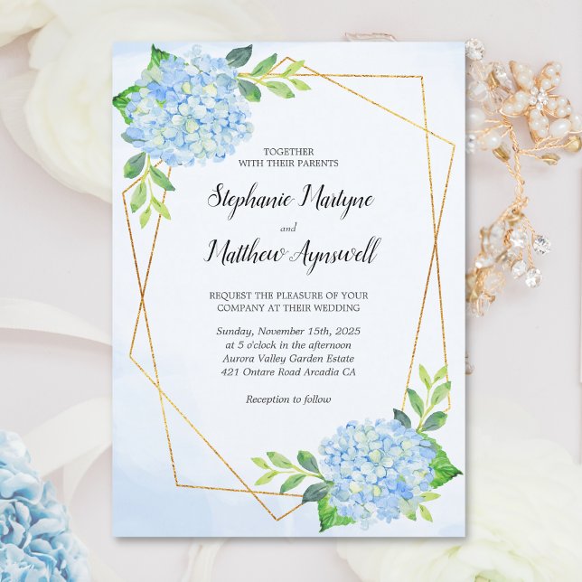 Invitation Moderne Floral Géométrique Bleu Hydrangée Mariage (Créateur téléchargé)
