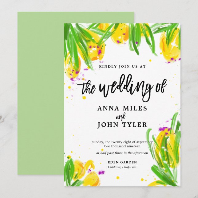 Invitation Moderne Floral Jaune Violet Vert Calligraphie (Devant / Derrière)