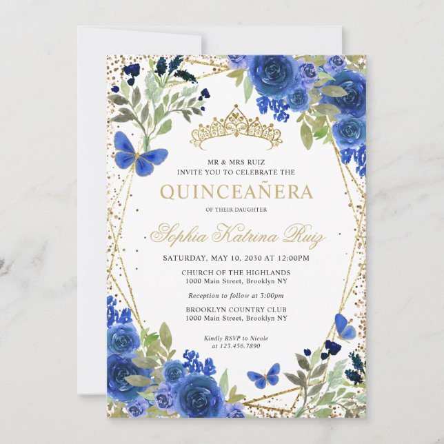 Invitation Moderne Floral Marine Bleu Or Tiara Quinceañera (Devant)