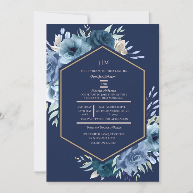 Invitation Moderne Floral Marine Mariage bleu et or (Devant)