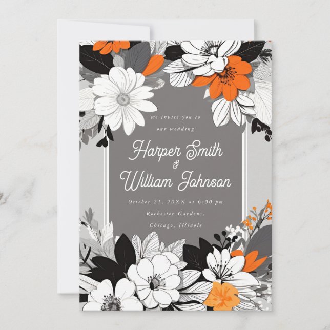 Invitation Moderne floral noir, blanc, orange mariage (Devant)