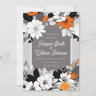 Invitation Moderne floral noir, blanc, orange mariage