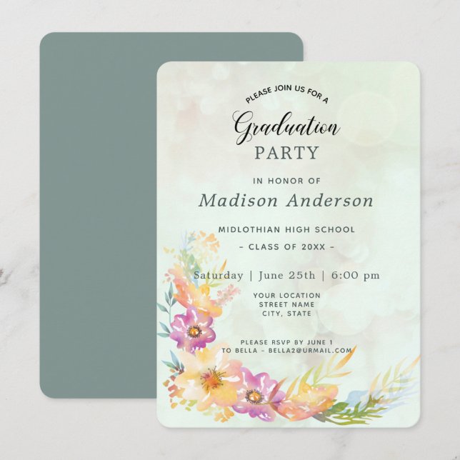 Invitation Moderne Floral Pastel Graduation Party (Devant / Derrière)