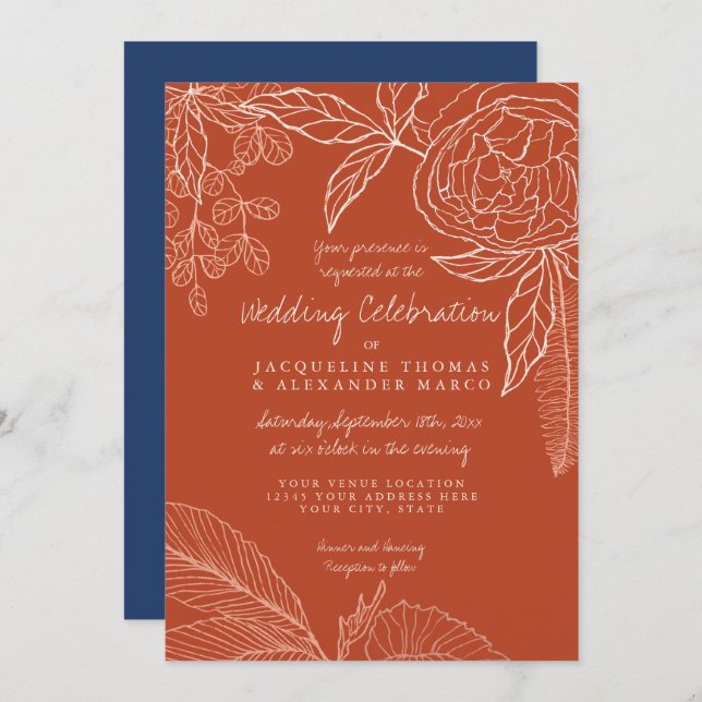 Invitation Moderne Floral Peony Line Art Navy Orange Leaf (Devant / Derrière)