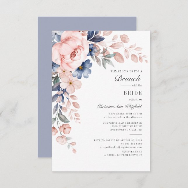 Invitation Moderne Floral Rose Bleu Fleurs Brunch nuptial (Devant / Derrière)