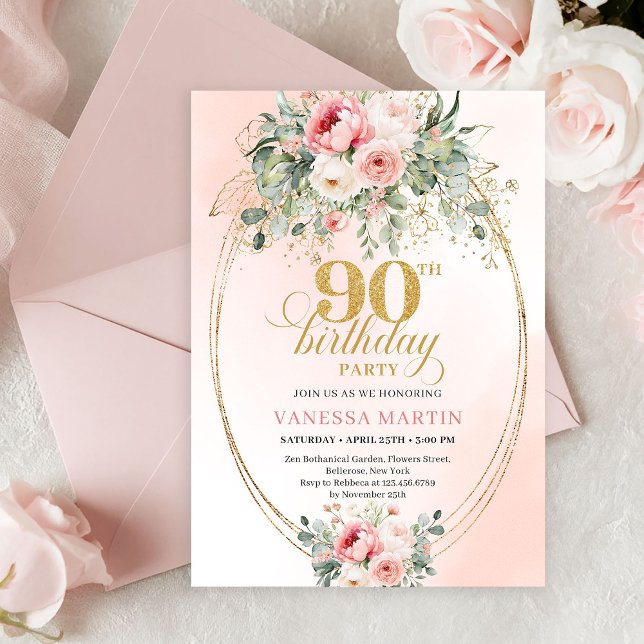 Invitation Moderne Floral Rose Doré Minimal 90e Anniversaire  (Romantic Blush Roses Greenery 90th Birthday Invitation)