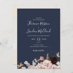 Invitation Moderne Floral Simple Marine Tout en un Mariage