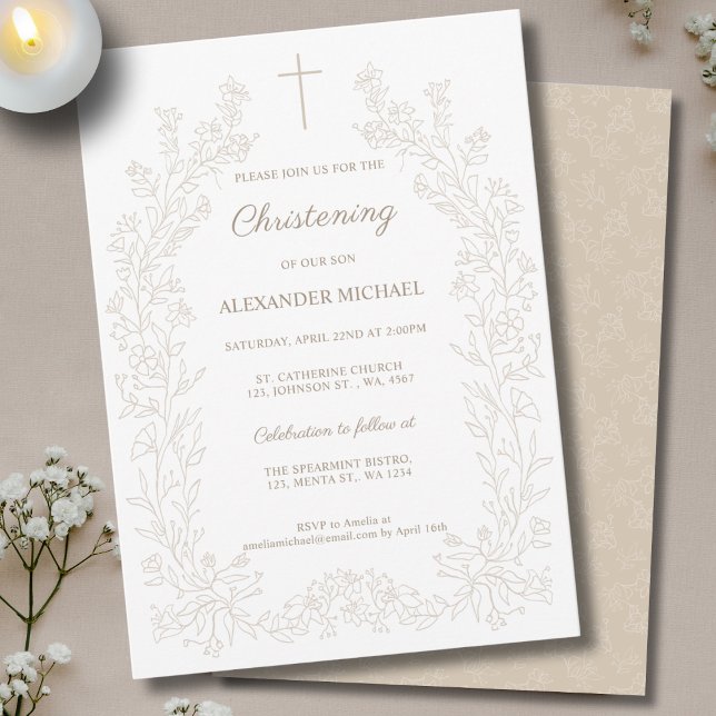 Invitation Moderne Floral Vintage Baptême (Créateur téléchargé)
