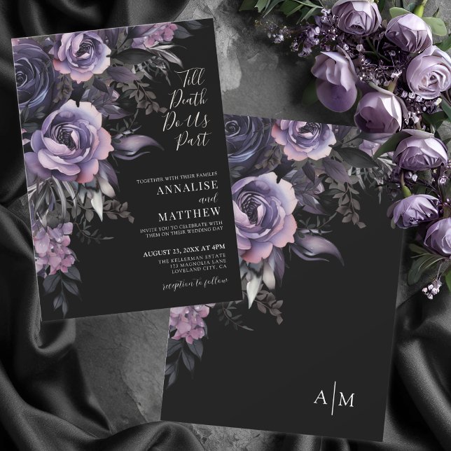 Invitation Moderne Florale Gothique Mariage Noir (Modern Gothic Floral Black Wedding Invitation)
