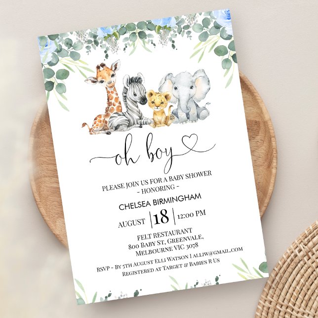 Invitation Moderne Foliage Bleu Floral Baby shower Safari (Blue Floral Boys Safari Baby Shower Invitation, Oh Boy Heart, Editable Boy Safari Baby Shower Invite)
