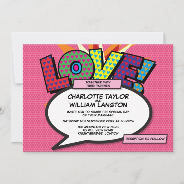 Invitation Moderne Fun Pink Love Comic Mariage de livre (Devant)