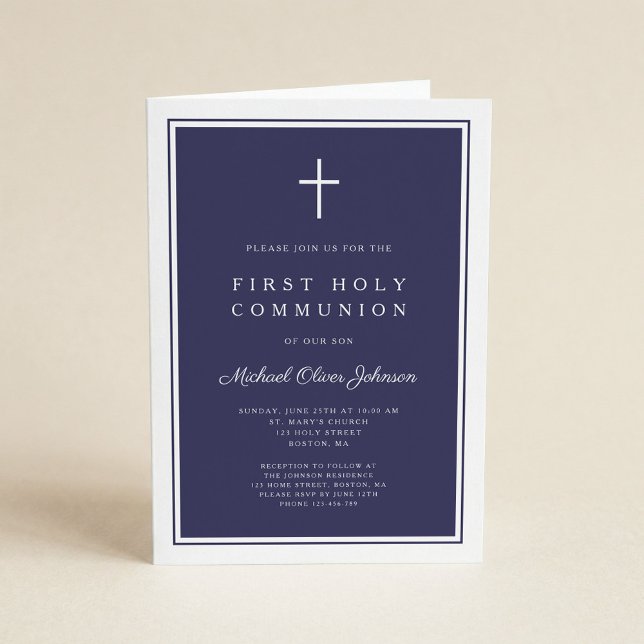 Invitation Moderne Garçon Croix Bleu Marine Première Sainte C (Créateur téléchargé)
