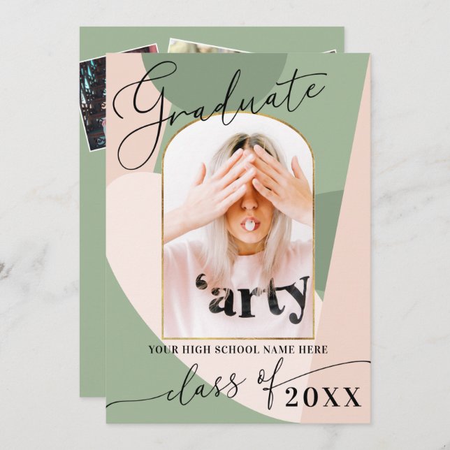 Invitation Moderne Geo Sage Vert Dusty Rose Photo Graduation (Devant / Derrière)