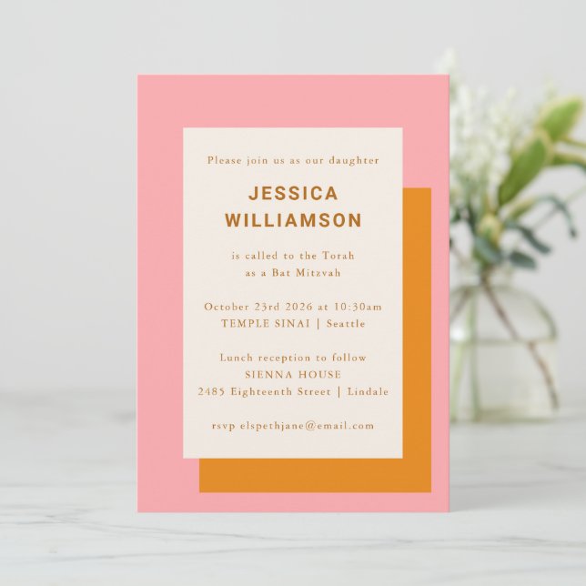 Invitation Moderne géométrique Bat mitzvah mignon rose orange (Debout devant)