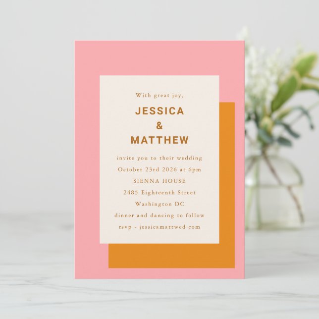 Invitation Moderne Géométrique Design Mariage rose et orange (Debout devant)