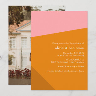 Invitation Moderne Géométrique Gras Rose Orange Photo Mariage