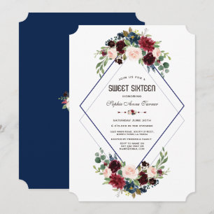 Invitation Moderne Géométrique Merlot Bleu Nuit Floral Sweet