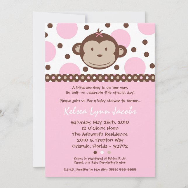 invitation moderne Girly de baby shower de singe (Devant)