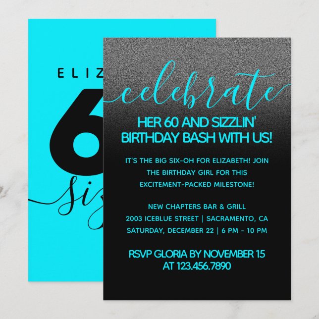 Invitation Moderne Girly Ice Blue 60 et Sizzlin' (Devant / Derrière)