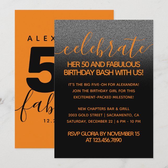 Invitation Moderne Girly Orange 50 et fabuleux (Devant / Derrière)