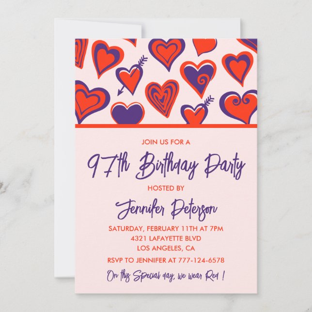 Invitation Moderne Glamour Cœurs Rouge Violet 97e anniversair (Devant)