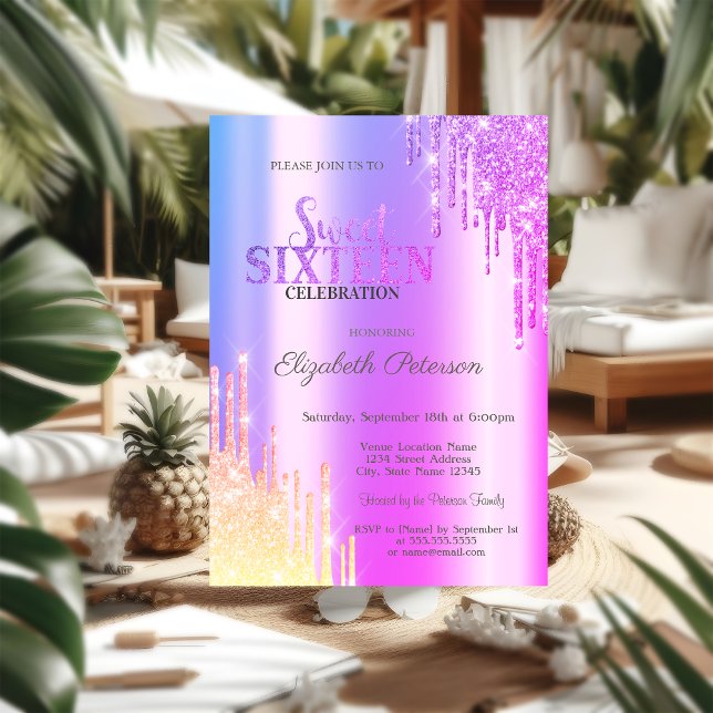 Invitation Moderne Glitter Ombre Violet Gouttes Douces 16 (Créateur téléchargé)