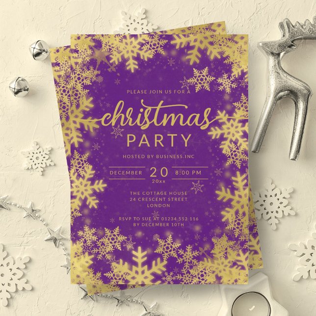 Invitation Moderne Gold Purple Snowflakes Société Noël (Modern Gold Purple Snowflakes Company Christmas Invitation)