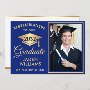 Invitation Moderne Golden Blue PHOTO Graduation