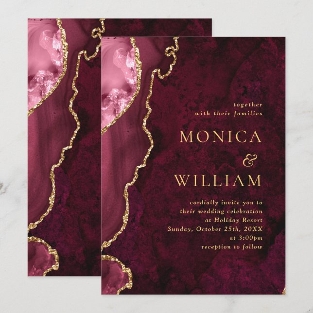 Invitation Moderne Golden Burgundy Marble Agate Mariage (Devant / Derrière)