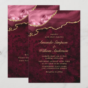 Invitation Moderne Golden Burgundy Marble Agate Mariage