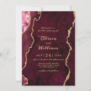 Invitation Moderne Golden Burgundy Marble Agate Mariage