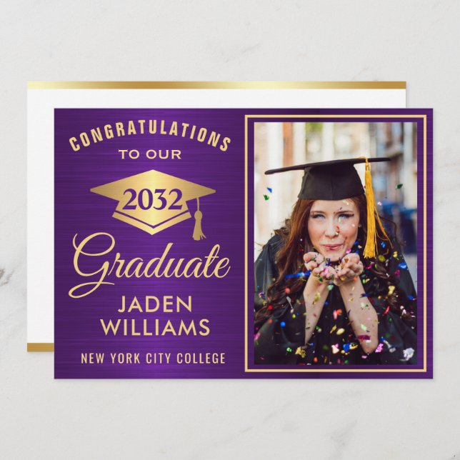 Invitation Moderne Golden Purple PHOTO Graduation (Devant / Derrière)