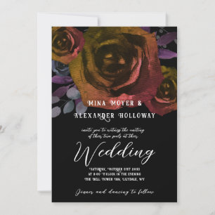 Invitation Moderne Goth Dark Watercolor Rose Mariage