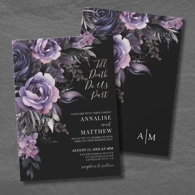 Invitation Moderne gothique Floral Mariage noir (Modern Gothic Floral Black Wedding Invitation)