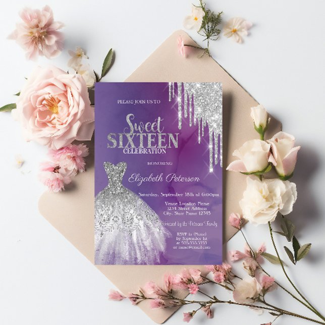 Invitation Moderne gouttes de paillettes d'argent, robe viole (Créateur téléchargé)