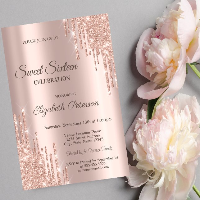 Invitation Moderne Gouttes de Paillettes Rose Doré pour un Sw (Créateur téléchargé)