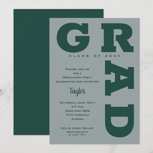 Invitation Moderne GRAD Vert foncé Gris gris (Devant / Derrière)