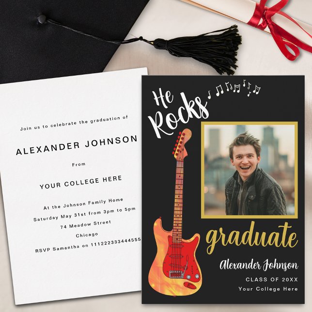 Invitation Moderne Graduate Photo Cool Music Graduation Party (Modern graduate photo cool flame electric guitar music Graduation party invitation)