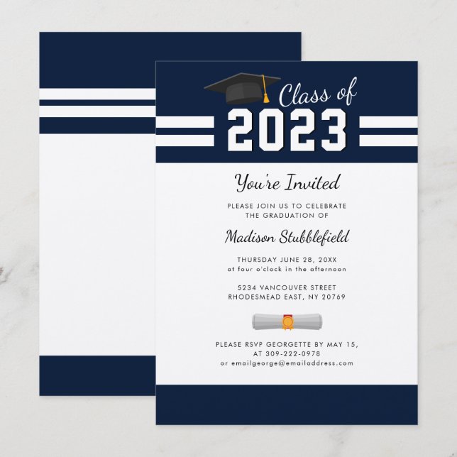 Invitation Moderne Graduation Chic Navy Blue Party (Devant / Derrière)