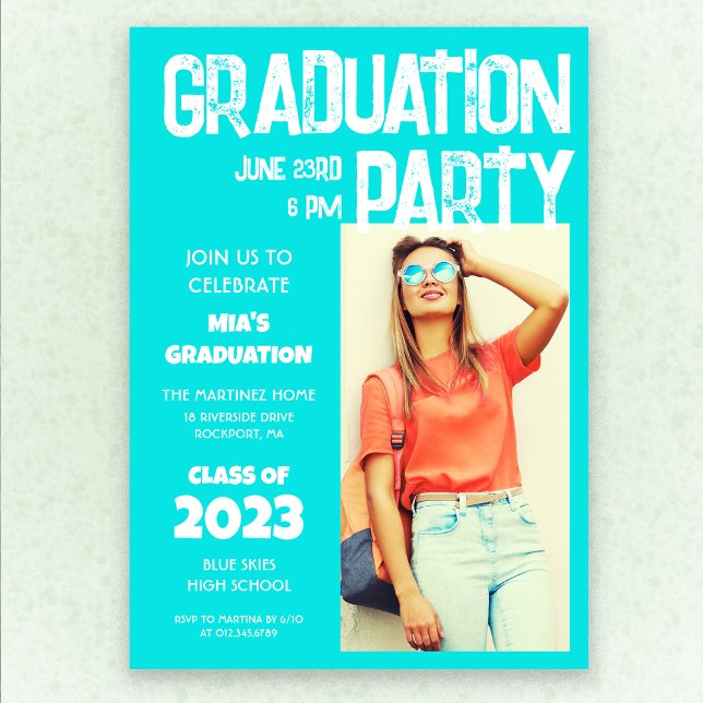 Invitation Moderne Gras Aqua Bleu Photo Blanc 2023 Graduation (Créateur téléchargé)