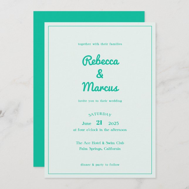 Invitation Moderne Gras Emerald Mint Retro Vibes Mariage (Devant / Derrière)